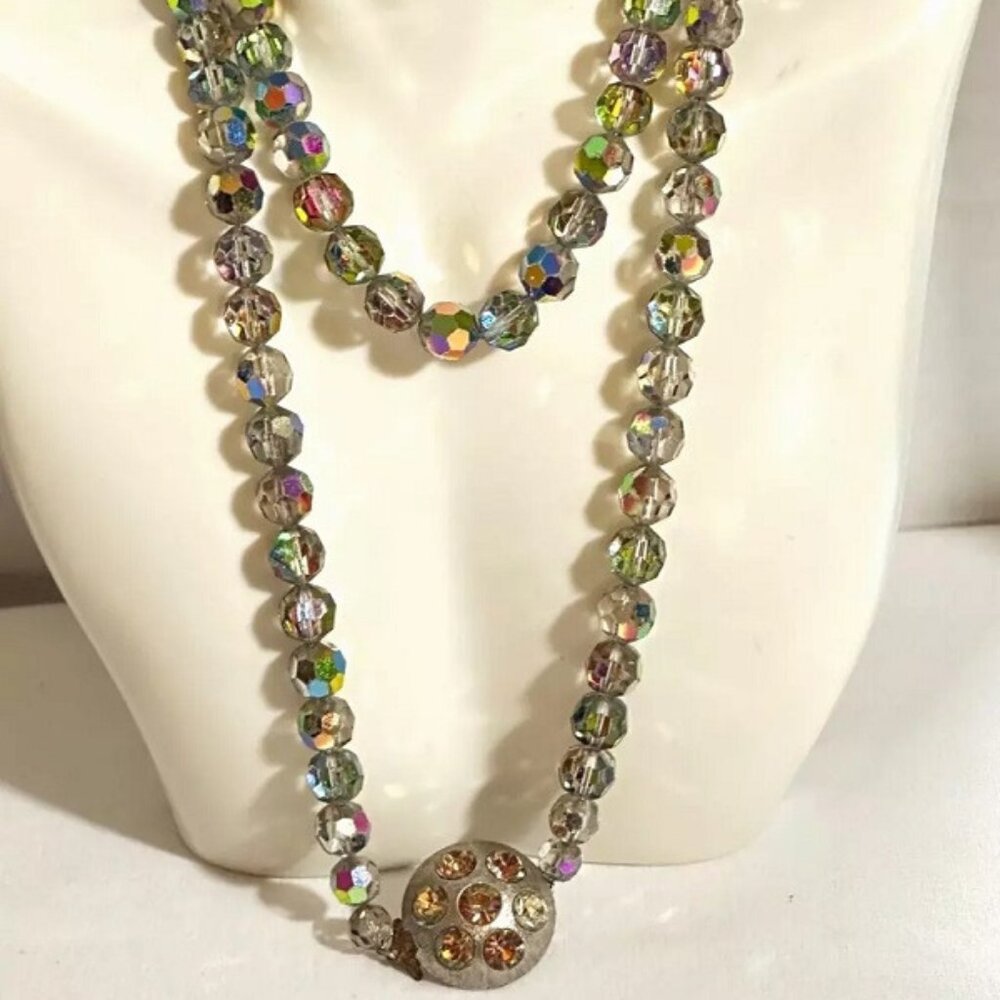 CELEBRITY NY Vintage Signed Aurora Borealis Glass Crystal Beads Clasp Necklace